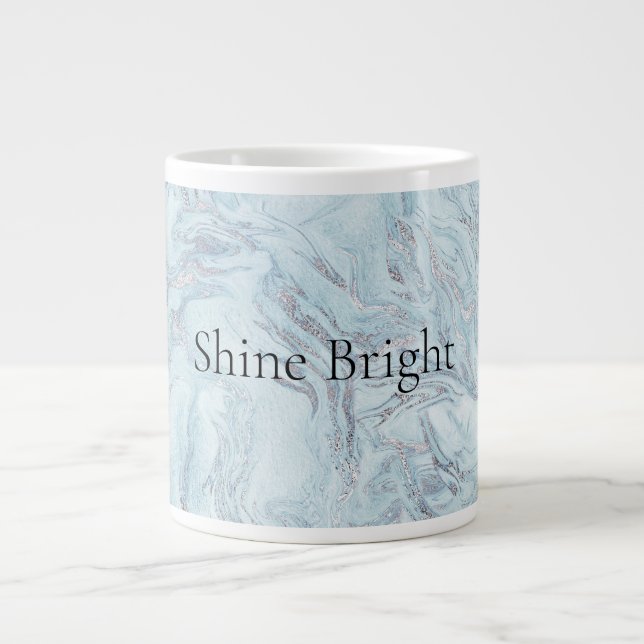 Blue Aqua Silver Marble Swirls Giant Coffee Mug (Front)