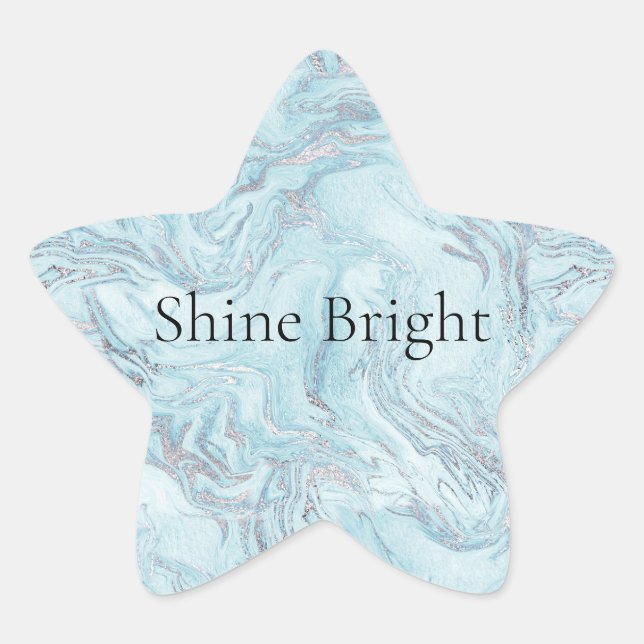 Blue Aqua Silver Marble Swirls Star Sticker (Front)