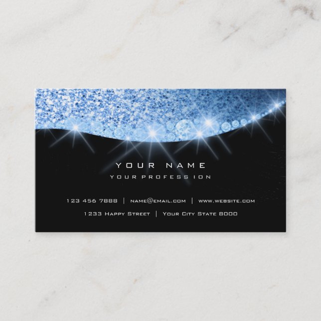 Blue Aqua Sparkly Diamond Glitter Glam Black Business Card (Front)