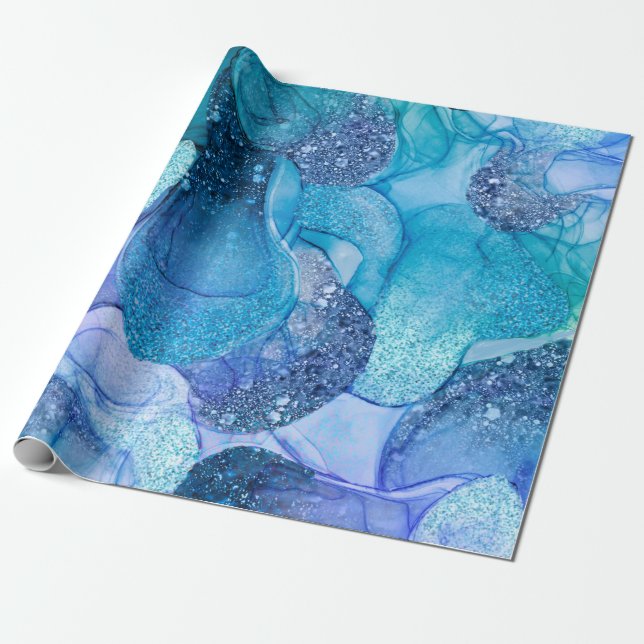 Blue aqua sparkly marbling design wrapping paper (Unrolled)