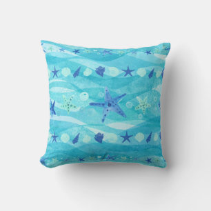 Blue Aqua Starfish Seashell Ocean Waves Coastal Throw Pillow