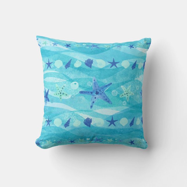 Blue Aqua Starfish Seashell Ocean Waves Coastal  Throw Pillow (Front)