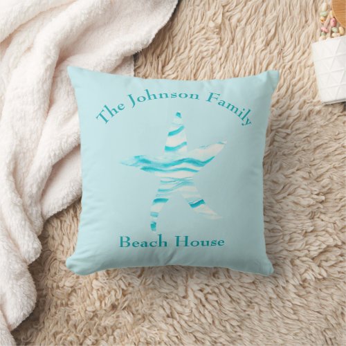 Blue_Aqua starfish wave_silhouette watercolor_name Throw Pillow