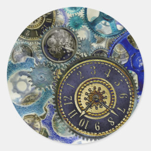 Blue aqua steampunk gears, cogs, clock faces print classic round sticker