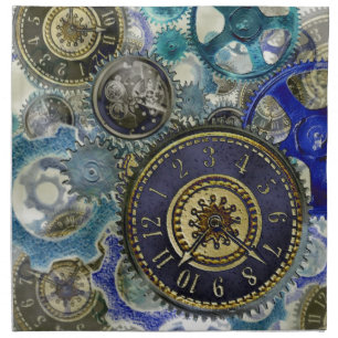 Blue aqua steampunk gears, cogs, clock faces print napkin