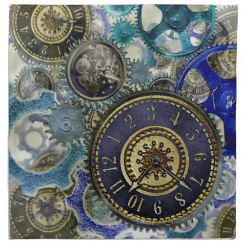 Blue aqua steampunk gears cogs clock faces print napkin