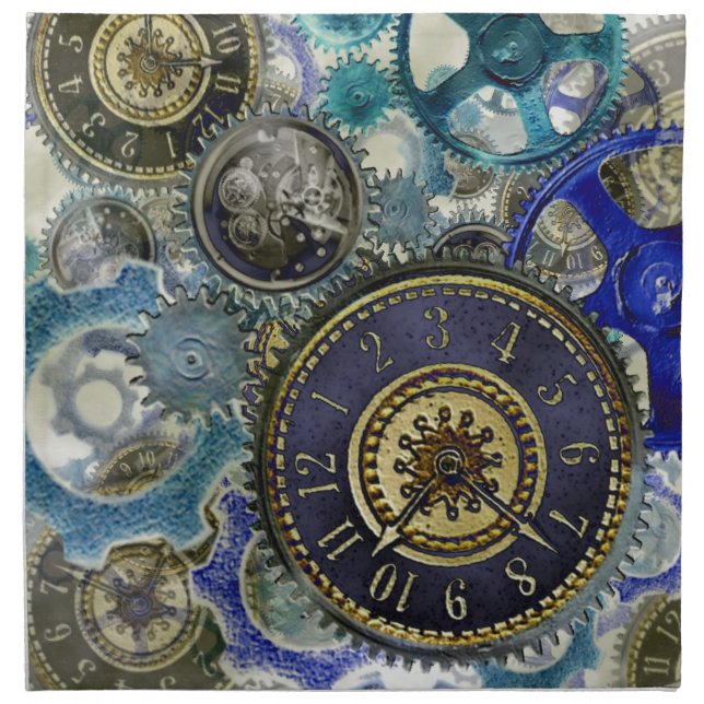 Blue aqua steampunk gears, cogs, clock faces print napkin (Front)