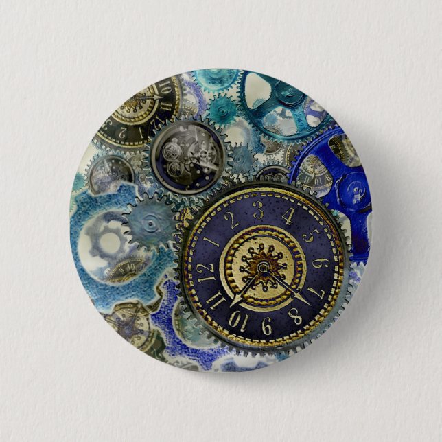 Blue aqua steampunk gears, cogs, clock faces print pinback button (Front)