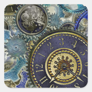 Blue aqua steampunk gears, cogs, clock faces print square sticker