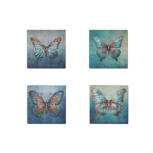 Blue Aqua Teal Texture Butterfly Stone Magnet