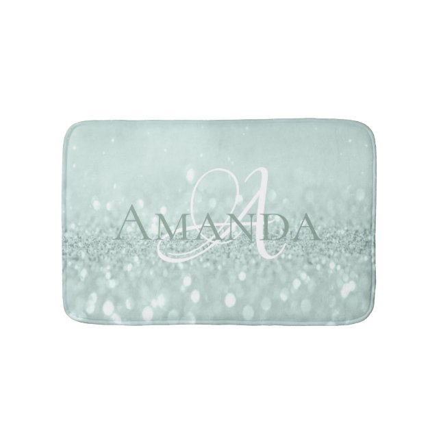 Blue Aqua Tiffany Pastel Glitter Name Monogram Bathroom Mat (Front)