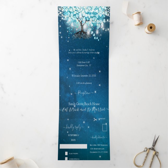 Blue Aqua Turquoise Heart Leaf Tree Wedding  Tri-F Tri-Fold Invitation (Inside)