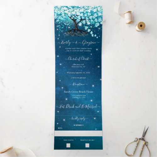 Blue Aqua Turquoise Heart Leaf Tree Wedding Tri_Fold Invitation