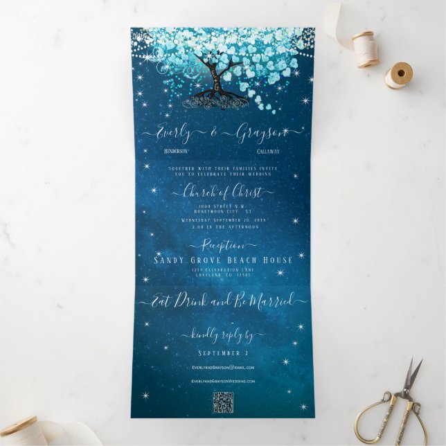 Blue Aqua Turquoise Heart Leaf Tree Wedding Tri-Fold Invitation (Inside)