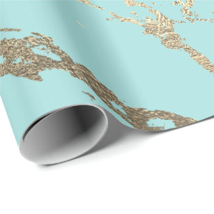 Blue Aqua Water Gold Marble Shiny Glam Wrapping Paper