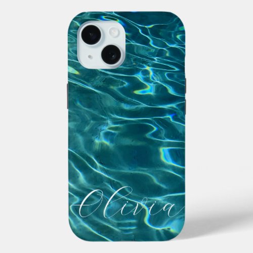 Blue aqua Water Pattern ocean waves monogram iPhone 15 Case