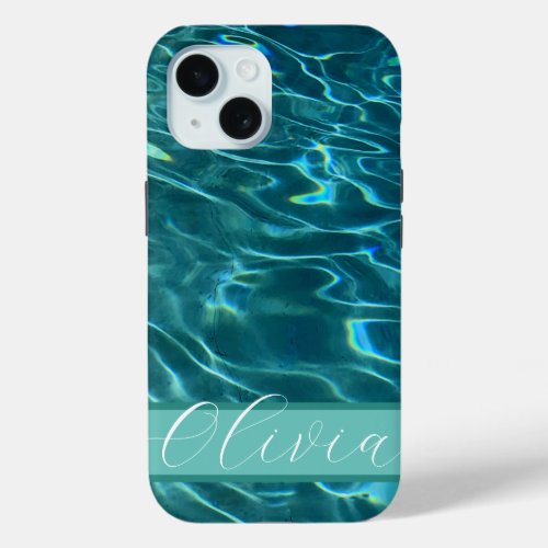 Blue aqua Water Pattern ocean waves monogram iPhone 15 Case