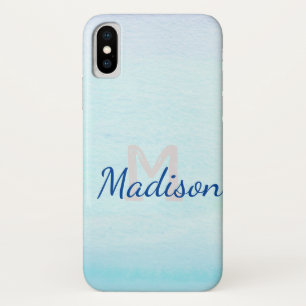 Blue Aqua Watercolor Fade Cute Initial Name iPhone X Case