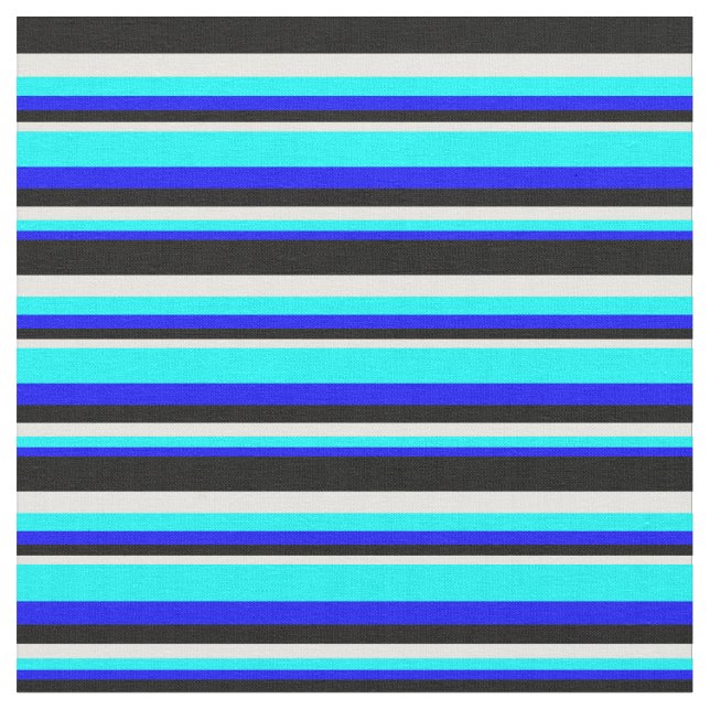 Blue, Aqua, White & Black Colored Stripes Fabric (Close Up)