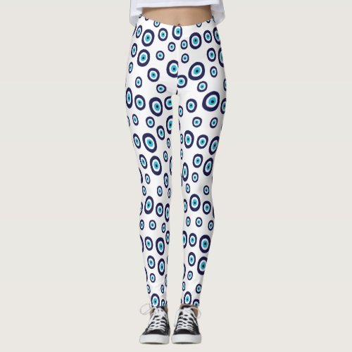 Blue Aqua White Nazar Evil Eye Circles Pattern Leggings