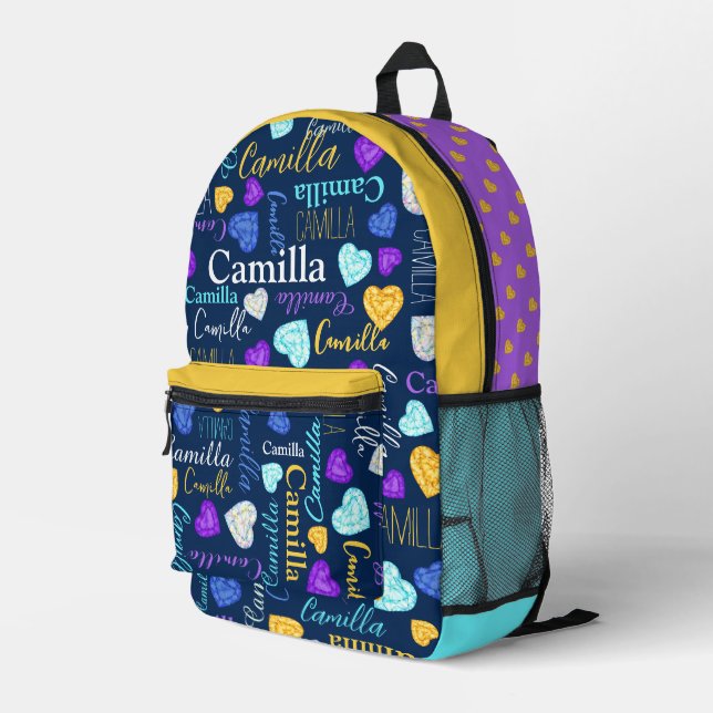 Blue aqua yellow diamond custom name all over printed backpack (Back Corner Right)