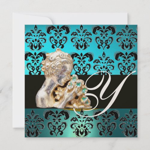 BLUE AQUAMARINE BLACK WHITE DAMASK JEWEL MONOGRAM INVITATION