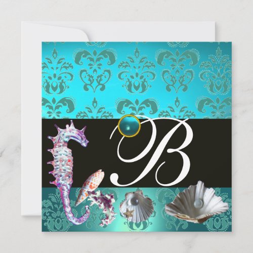 BLUE AQUAMARINE DAMASK BEACH WEDDING MONOGRAM INVITATION