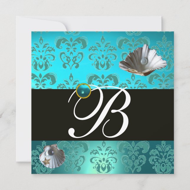 BLUE AQUAMARINE DAMASK BEACH WEDDING MONOGRAM INVITATION (Front)