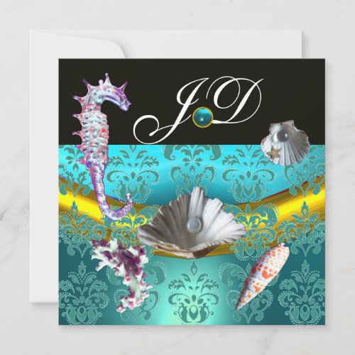 BLUE AQUAMARINE DAMASK BEACH WEDDING MONOGRAM INVITATION