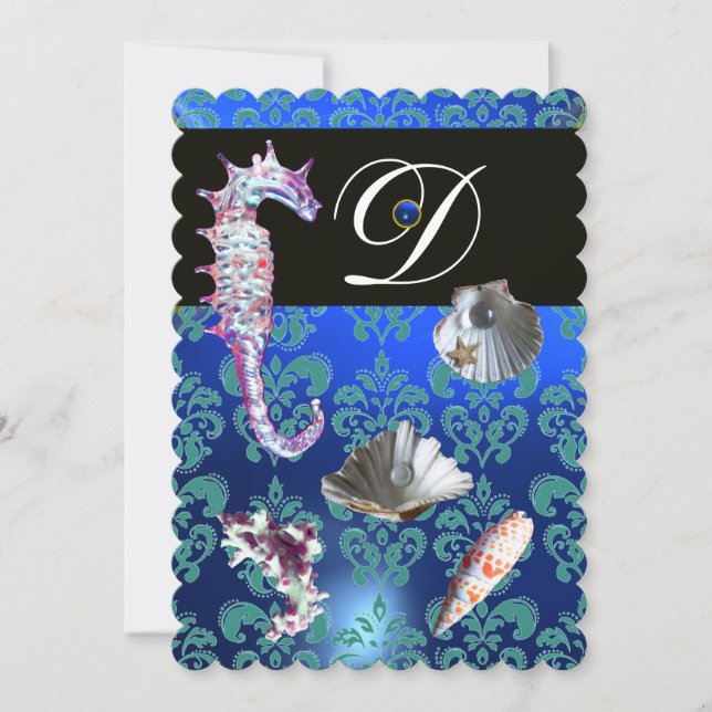 BLUE AQUAMARINE DAMASK BEACH WEDDING MONOGRAM INVITATION (Front)
