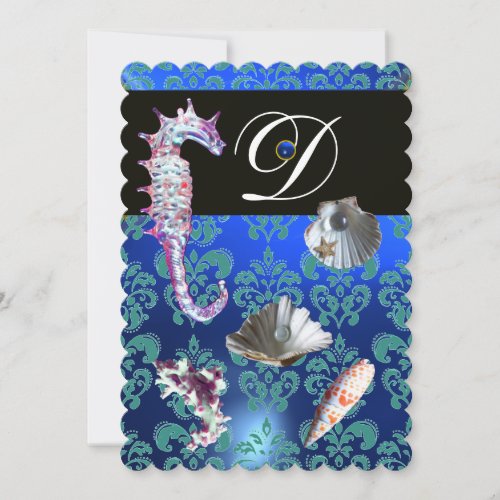 BLUE AQUAMARINE DAMASK BEACH WEDDING MONOGRAM INVITATION