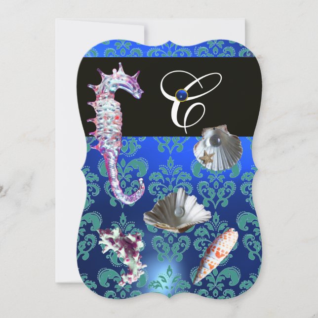 BLUE AQUAMARINE DAMASK BEACH WEDDING MONOGRAM INVITATION (Front)
