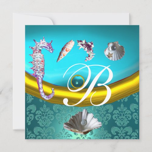 BLUE AQUAMARINE DAMASK BEACH WEDDING MONOGRAM INVITATION