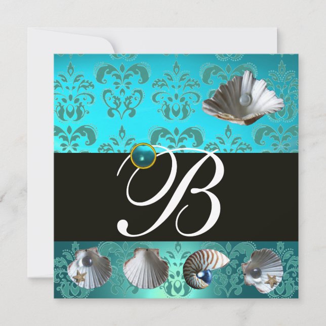 BLUE AQUAMARINE DAMASK BEACH WEDDING MONOGRAM INVITATION (Front)