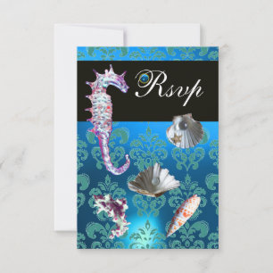 BLUE AQUAMARINE DAMASK BEACH WEDDING RSVP CARD