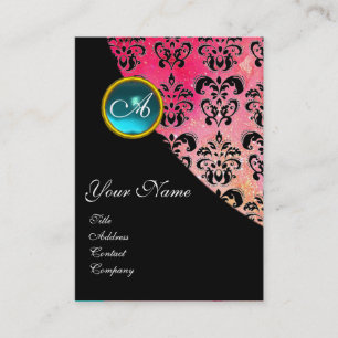 BLUE AQUAMARINE DAMASK MONOGRAM, fuchsia pink Business Card