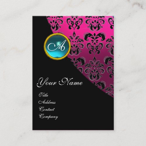 BLUE AQUAMARINE DAMASK MONOGRAM fuchsia pink Business Card