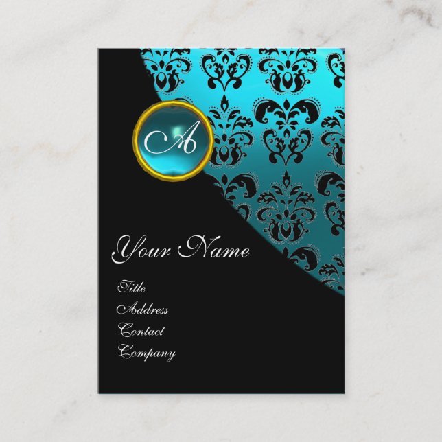 BLUE AQUAMARINE  DAMASK MONOGRAM ,turquase Business Card (Front)