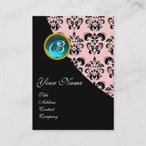 BLUE AQUAMARINE  DAMASK MONOGRAM turquase pink Business Card