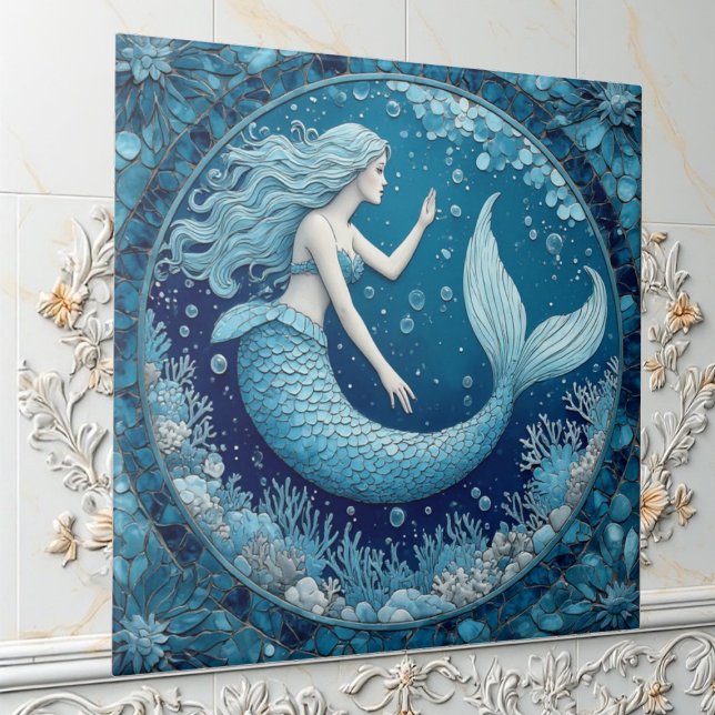 Blue Aquamarine Mermaid Ocean Bubble Mosaic Lustre Ceramic Tile (Blue Aquamarine Mermaid Ocean Bubble Mosaic Lustre Ceramic Tile)
