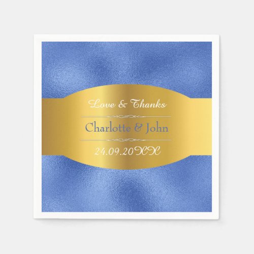 Blue Aquamarine Royal Personalized Golden Wedding Paper Napkins