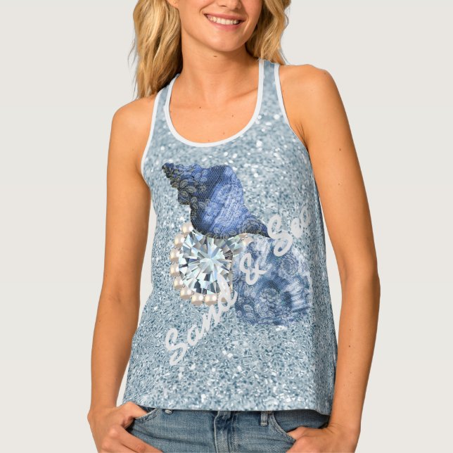 Blue Aquamarine Seashells &Jewels Faux Glitter Tank Top (Front)