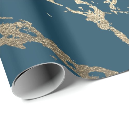 Blue Aquatic Foxier Gold Marble Shiny Glam Wrapping Paper