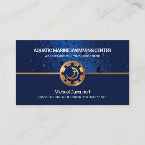 Blue Aquatic Water Drops Gold Border Swimming Business Card
