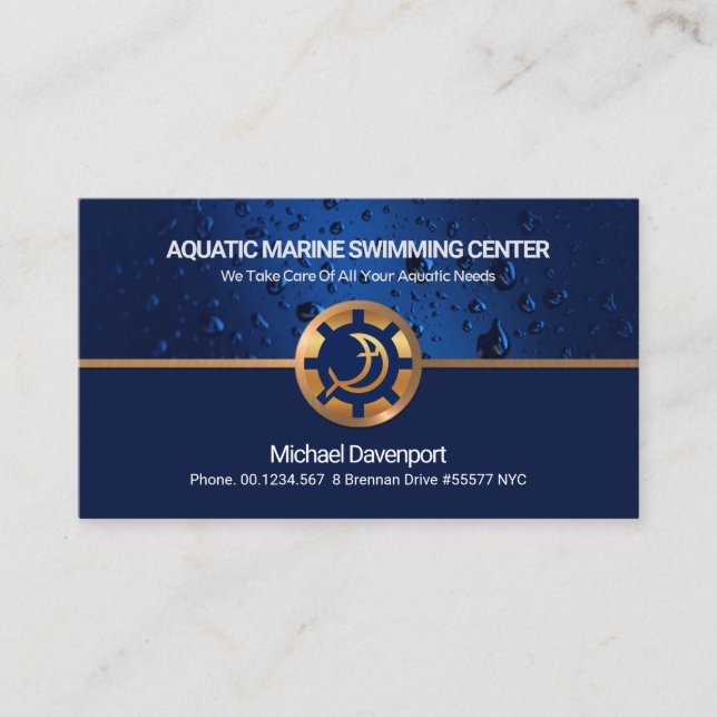 Blue Aquatic Water Drops Gold Border Swimming Business Card (Front)