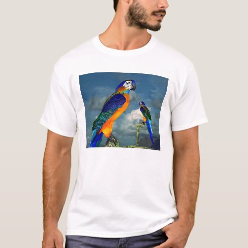 BLUE ARA IN BLUE SKY Tropical Birds T_Shirt