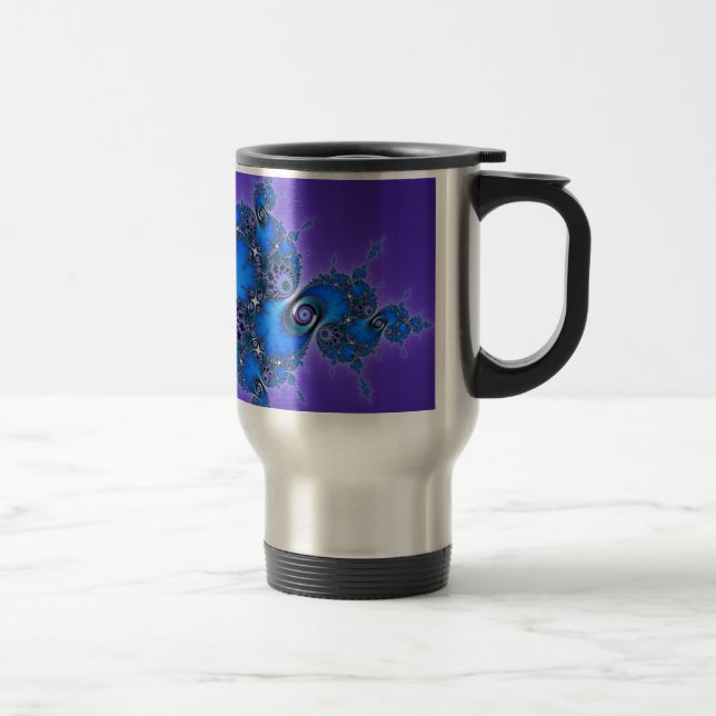 Blue Arabesque on Purple - sparkly Julia fractal Travel Mug (Right)