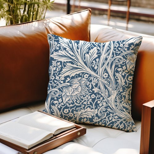 Blue Arcadia William Morris Hawthorn Leaf Pattern Throw Pillow