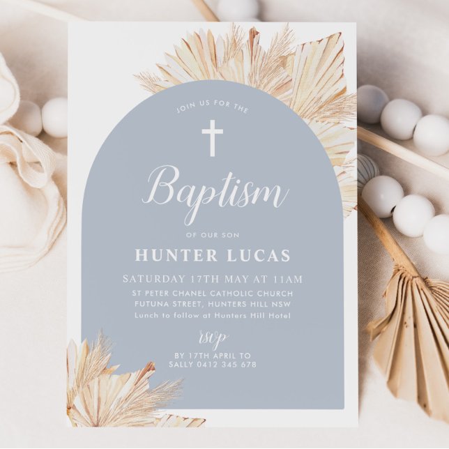 Blue Arch Boho Floral Boys Baptism Christening Invitation (Blue Boho Baptism Invitation)