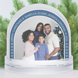 Blue Arch Christmas Family Photo with Snowflakes Snow Globe